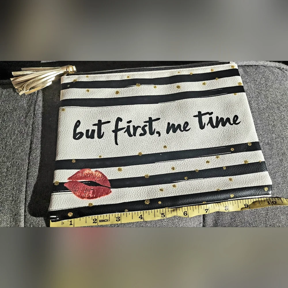 But first Me time black and white pin striped with kiss laege makeup pouch